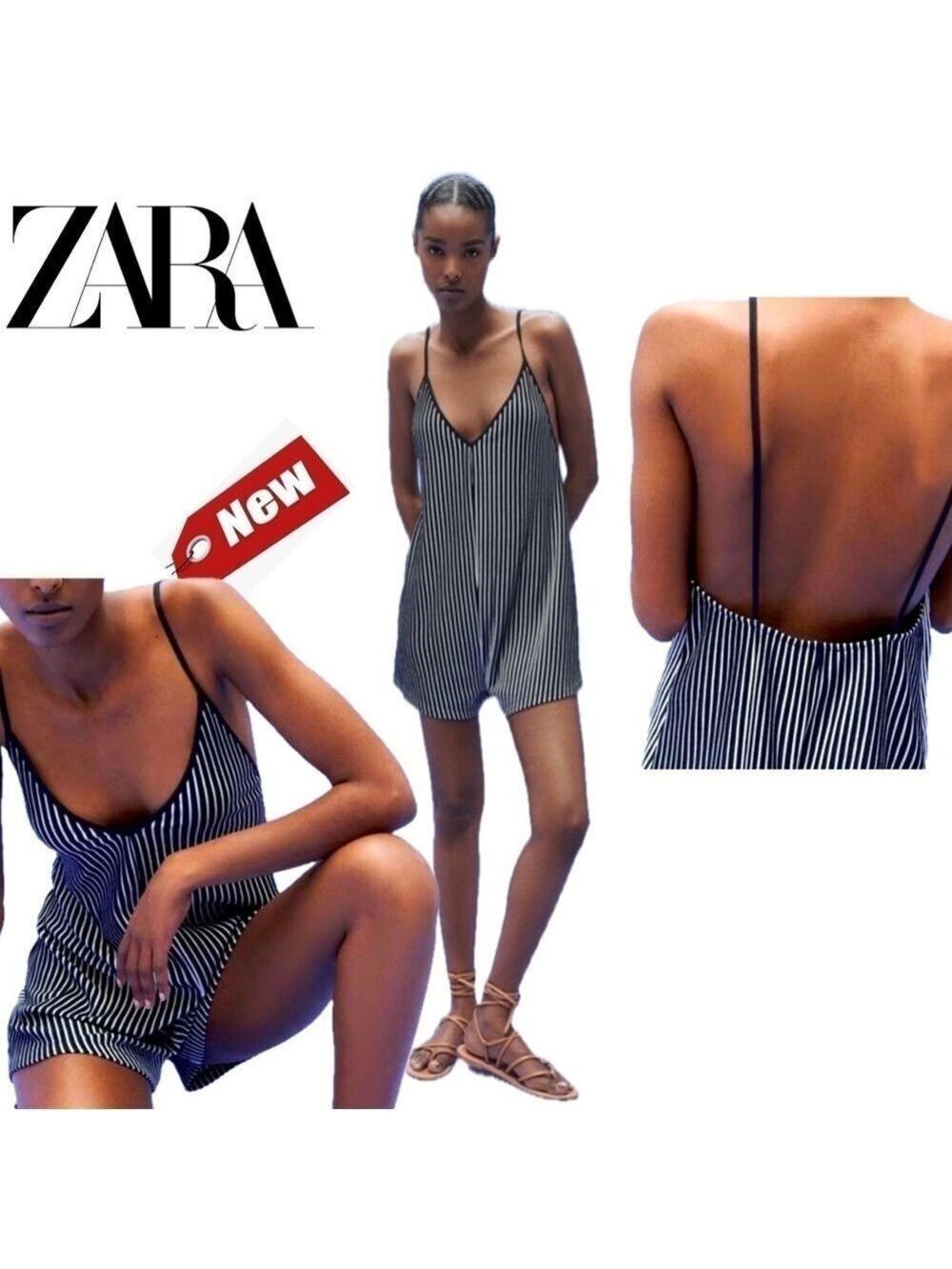 Zara navy blue white striped spaghetti strap V-neck short knit romper Sz M NWT